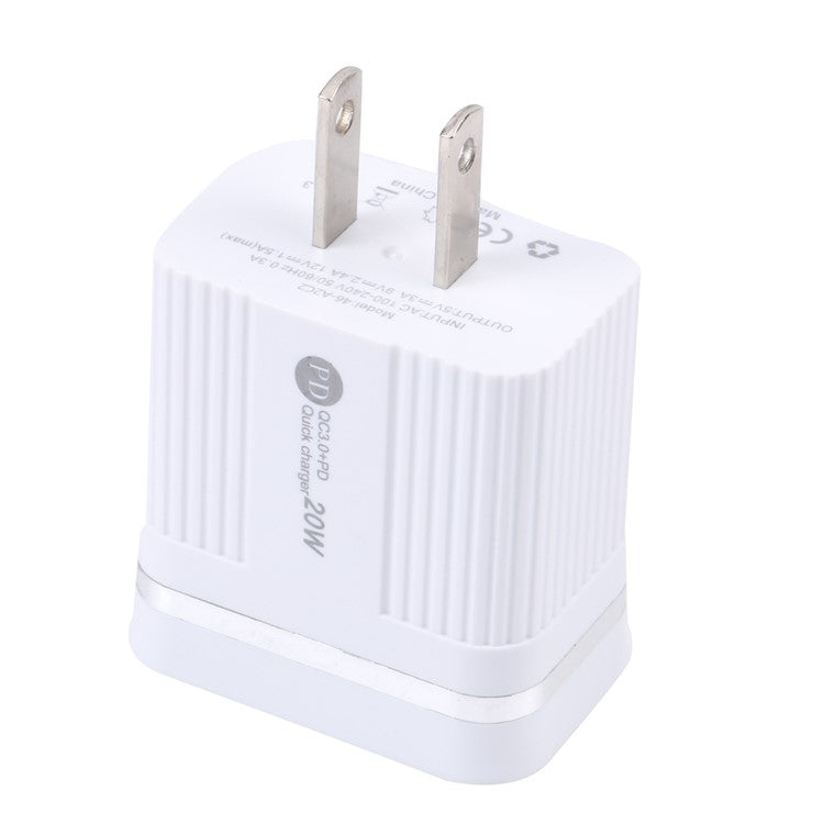 46-A2C2 20W PD + QC3.0 USB Fast Charger Type-C / USB-A Dual Port Power Adapter - US Plug / White