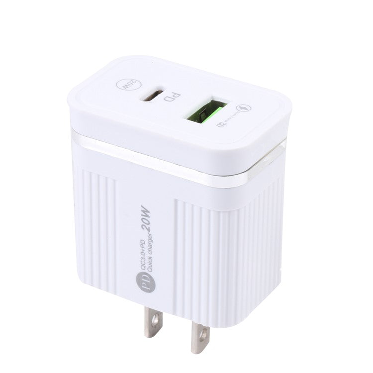 46-A2C2 20W PD + QC3.0 USB Fast Charger Type-C / USB-A Dual Port Power Adapter - US Plug / White