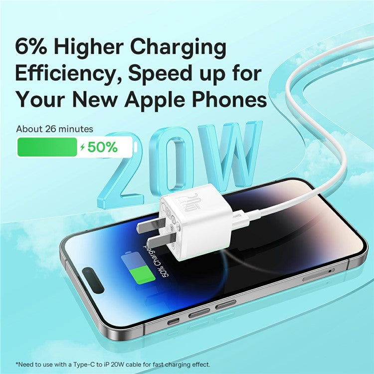 BASEUS GaN5 Fast Charger Adapter 1C 20W CN Plug Set Wall Charger (Mini) with Superior Series Fast Charging Data Cable Type-C to iP PD 20W 1m - White