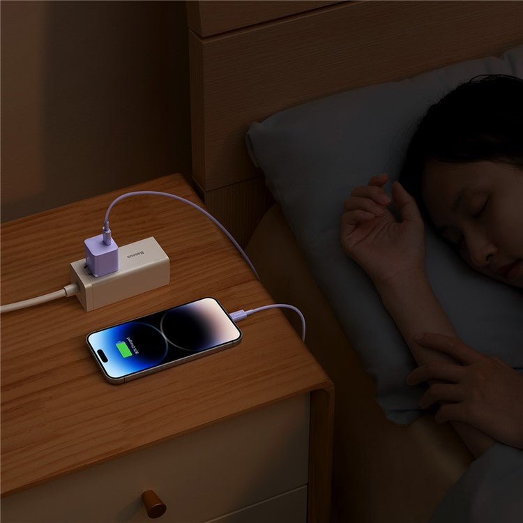 BASEUS GaN5 Fast Charger Adapter 1C 20W CN Plug Set Wall Charger (Mini) with Superior Series Fast Charging Data Cable Type-C to iP PD 20W 1m - Purple