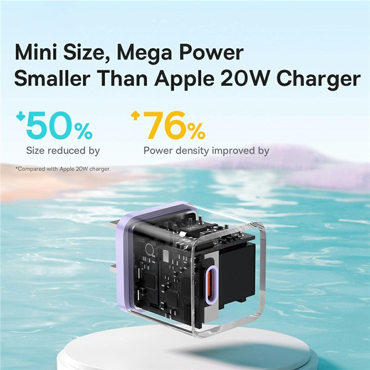 BASEUS GaN5 Fast Charger Adapter 1C 20W CN Plug Set Wall Charger (Mini) with Superior Series Fast Charging Data Cable Type-C to iP PD 20W 1m - Purple