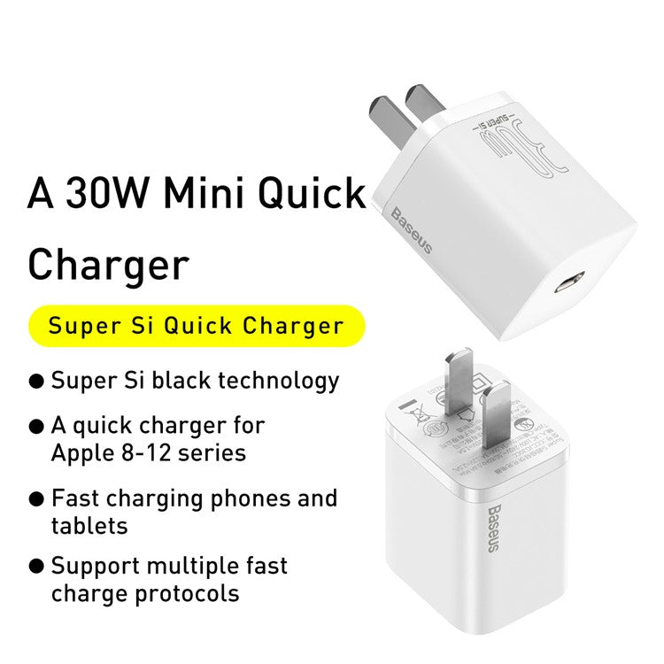 BASEUS Super Si Series Quick Charger Type-C 30W CN Plug Wall Charger - White