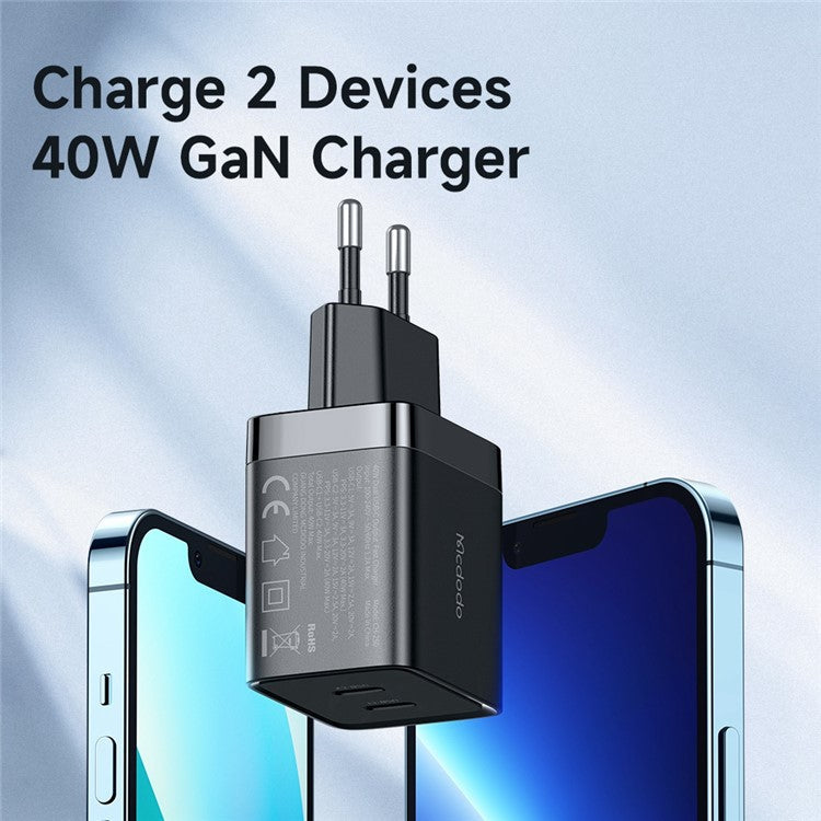 MCDODO MDD 40W GAN Dual Type-C Phone Tablet Fast Charging Adapter Wall Charger - EU Plug