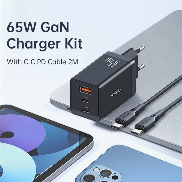 MCDODO CH-15 MDD 65W GaN 5 Mini Fast Charger Wall Charger Adapter Portable 3-Ports Quick Charger Set with Type-C Charging Cable - EU Plug