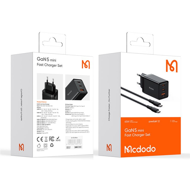 MCDODO CH-15 MDD 65W GaN 5 Mini Fast Charger Wall Charger Adapter Portable 3-Ports Quick Charger Set with Type-C Charging Cable - EU Plug