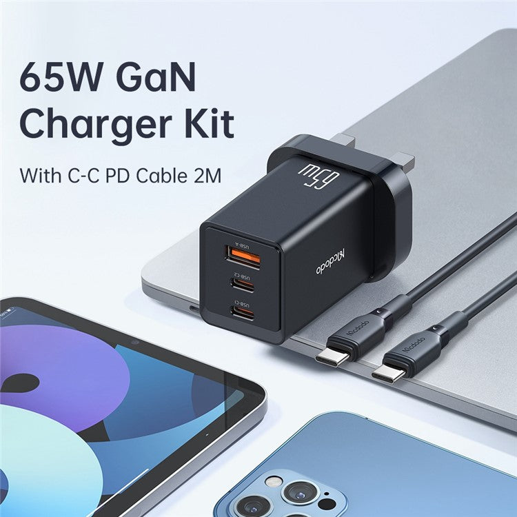 MCDODO CH-15 MDD 65W GaN 5 Mini Fast Charger Wall Charger Adapter Portable 3-Ports Quick Charger Set with Type-C Charging Cable - UK Plug