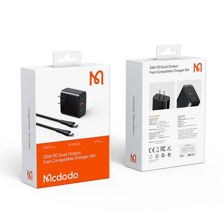 MCDODO CH-0862 MDD PD 33W USB-A+Type-C Dual-Port Charger Block Wall Charger Adapter Portable Quick Charger Set with Type-C to Type-C Cable - US Plug