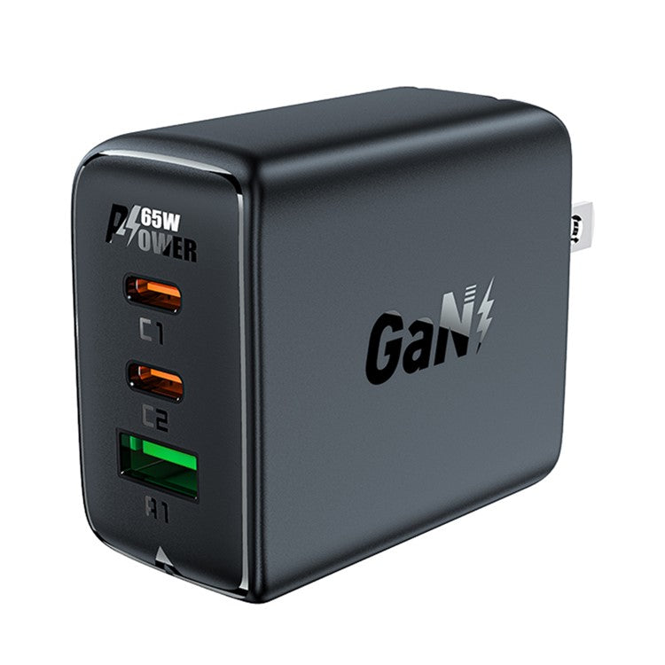 ACEFAST A43 PD 65W Portable GaN Charger 2 Type-C + USB-A Power Adapter, US Plug - Black