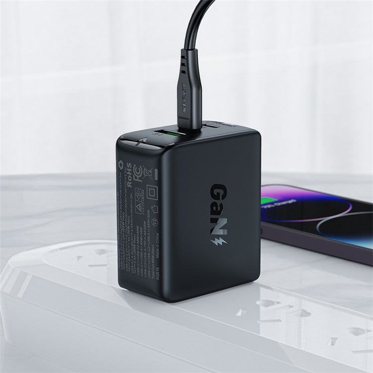 ACEFAST A43 PD 65W Portable GaN Charger 2 Type-C + USB-A Power Adapter, US Plug - Black