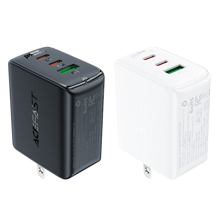 ACEFAST A43 PD 65W Portable GaN Charger 2 Type-C + USB-A Power Adapter, US Plug - Black
