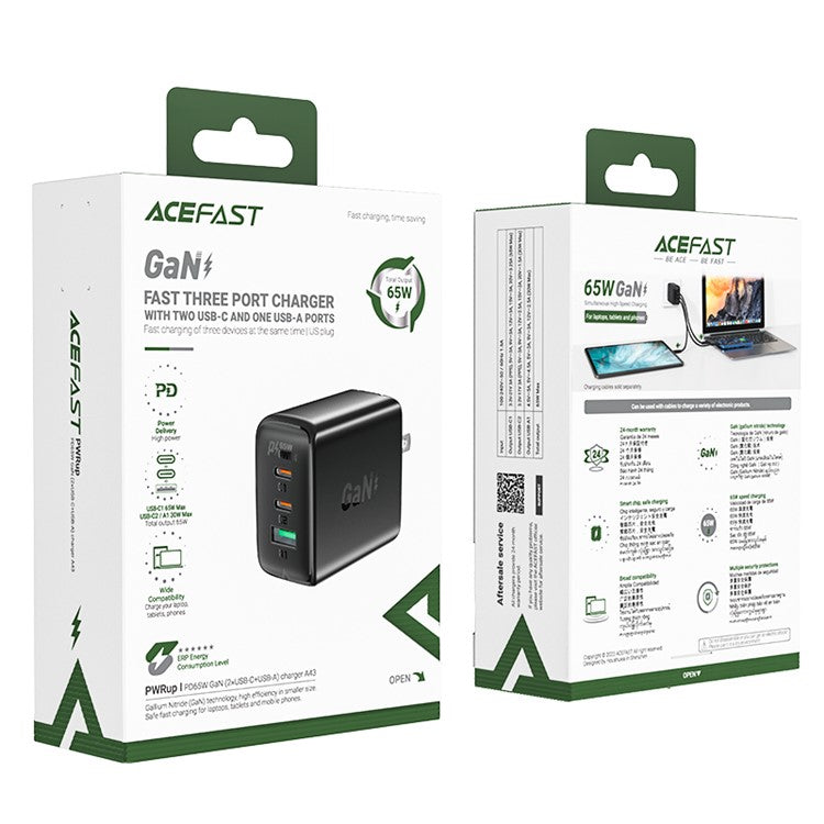 ACEFAST A43 PD 65W Portable GaN Charger 2 Type-C + USB-A Power Adapter, US Plug - Black