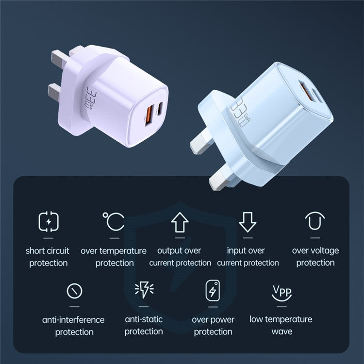 MCDODO MDD Nano Series PD 33W USB-A + Type-C Fast Charging Adapter Dual Port Wall Charger - UK Plug / Blue
