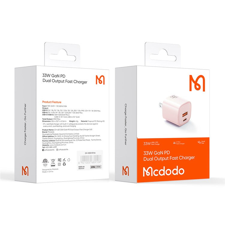 MCDODO MDD Nano Series PD 33W USB-A + Type-C Fast Charging Adapter Dual Port Wall Charger - US Plug / Pink