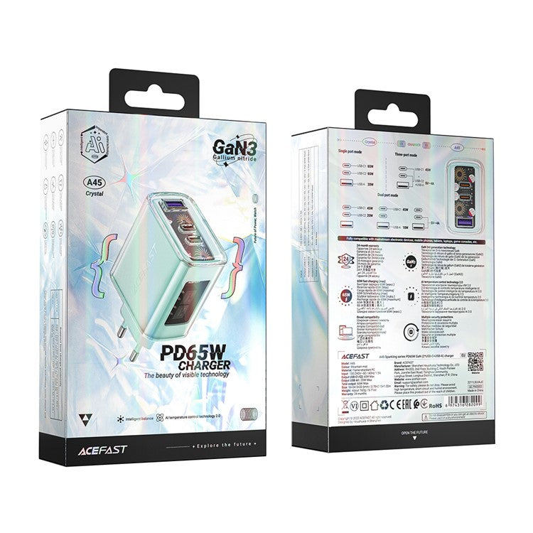 ACEFAST A45 Crystal Series USB+Dual Type-C PD 65W Wall Charger GaN Fast Charger Adapter (EU Standard) - Green