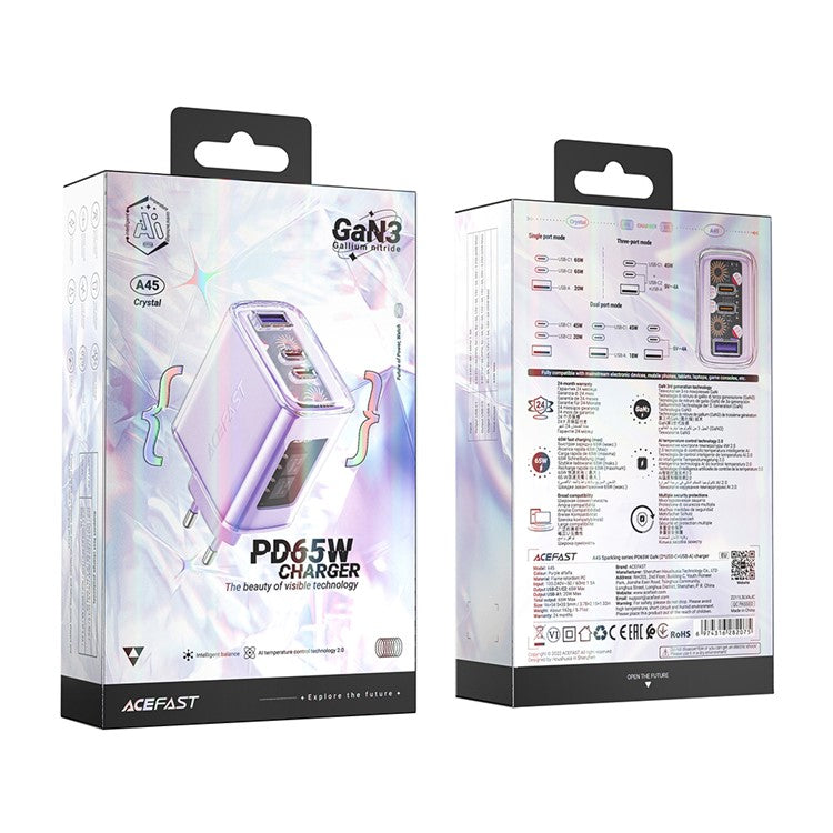 ACEFAST A45 Crystal Series USB+Dual Type-C PD 65W Wall Charger GaN Fast Charger Adapter (EU Standard) - Purple