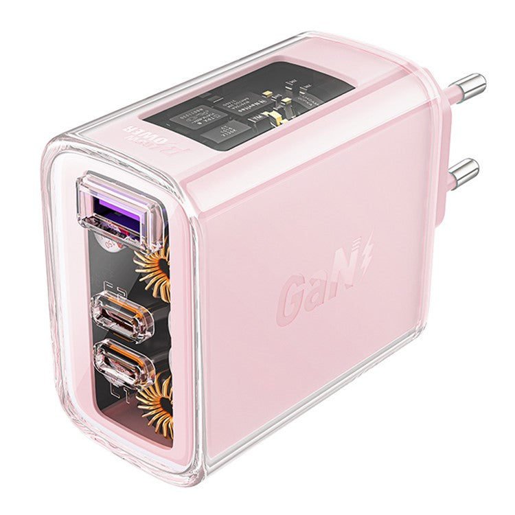 ACEFAST A45 Crystal Series USB+Dual Type-C PD 65W Wall Charger GaN Fast Charger Adapter (EU Standard) - Pink