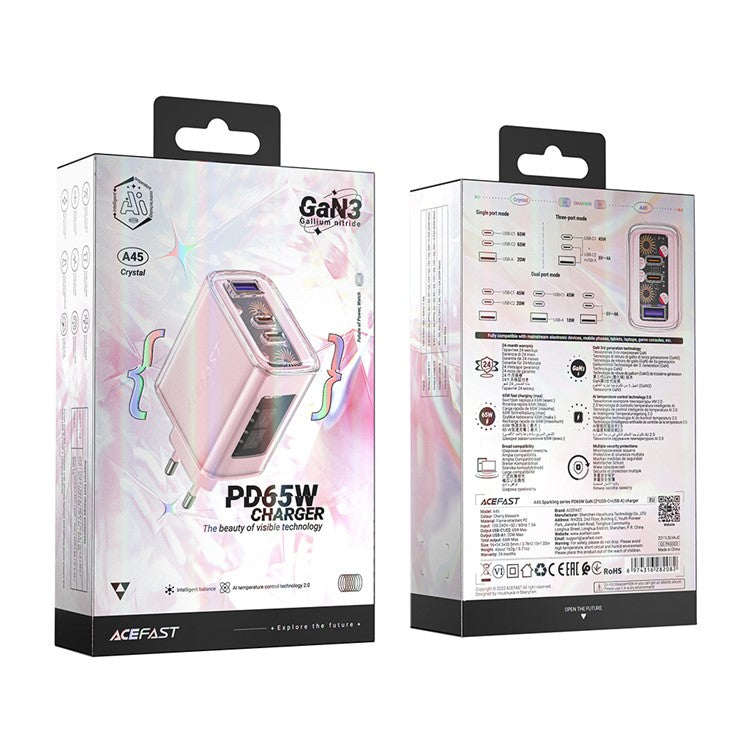 ACEFAST A45 Crystal Series USB+Dual Type-C PD 65W Wall Charger GaN Fast Charger Adapter (EU Standard) - Pink