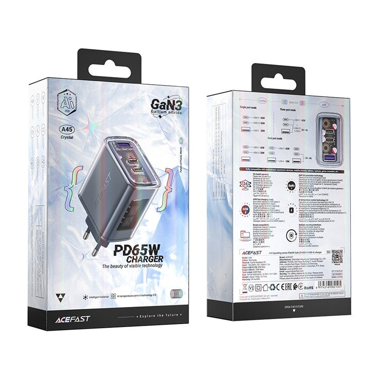 ACEFAST A45 Crystal Series USB+Dual Type-C PD 65W Wall Charger GaN Fast Charger Adapter (EU Standard) - Grey