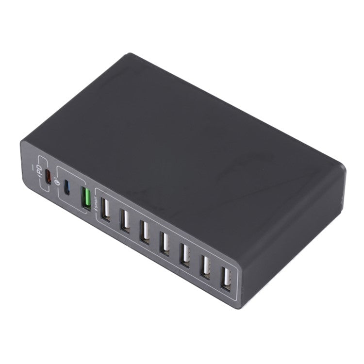 MFT-03Q USB Charger 10-Port 65W Multi-Port Type-C QC3.0 Charging Hub Compact Desktop Power Station - Black / US Plug