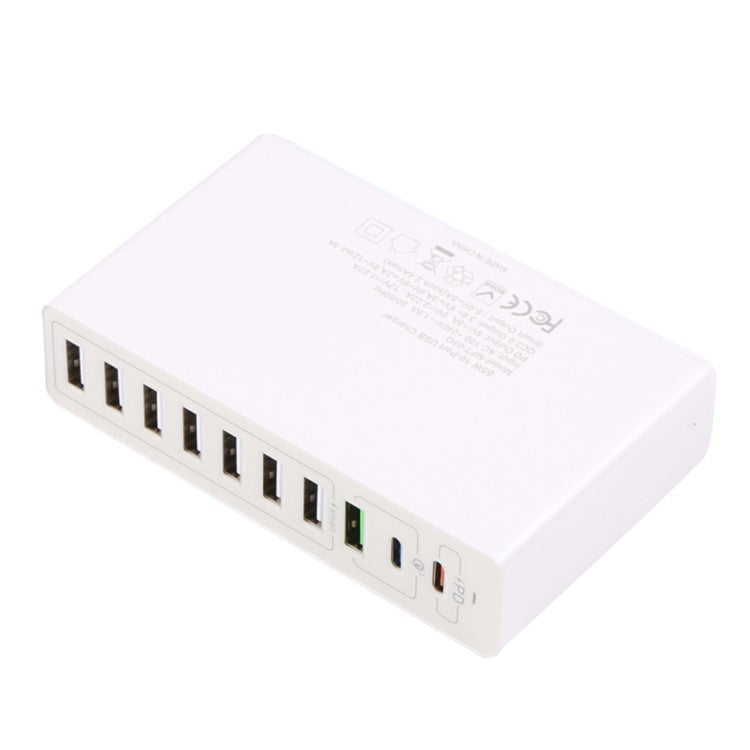 MFT-03Q USB Charger 10-Port 65W Multi-Port Type-C QC3.0 Charging Hub Compact Desktop Power Station - White / UK Plug