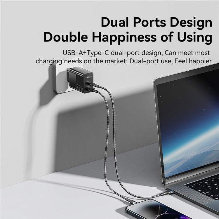 ESSAGER 33W USB-A + Type-C Fast Charging Adapter GaN Dual Port Wall Charger - EU Plug / Black
