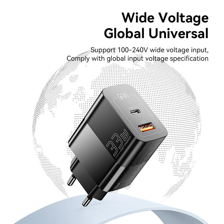 ESSAGER 33W USB-A + Type-C Fast Charging Adapter GaN Dual Port Wall Charger - EU Plug / Black