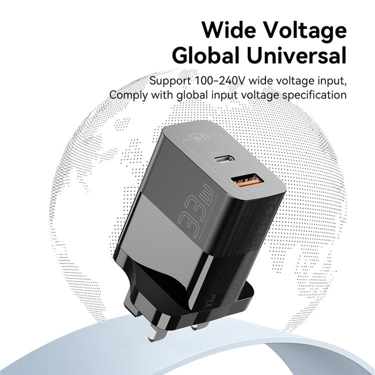 ESSAGER 33W USB-A + Type-C Fast Charging Adapter GaN Dual Port Wall Charger - UK Plug / Black
