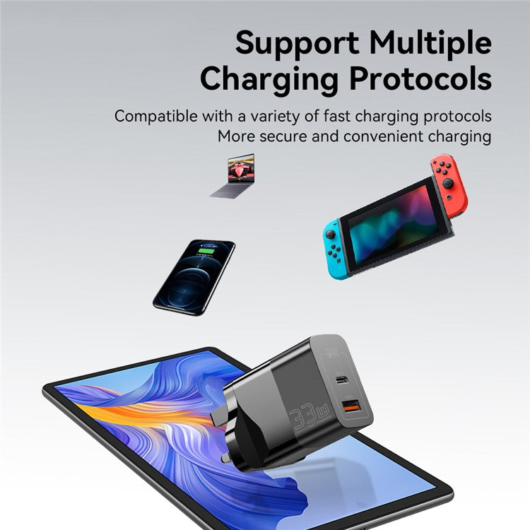 ESSAGER 33W USB-A + Type-C Fast Charging Adapter GaN Dual Port Wall Charger - UK Plug / Black