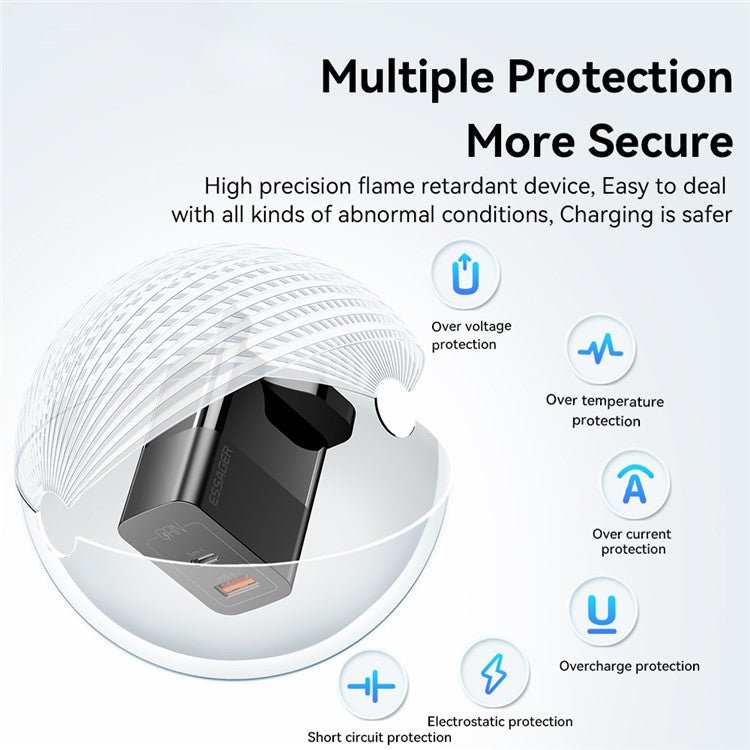 ESSAGER 33W USB-A + Type-C Fast Charging Adapter GaN Dual Port Wall Charger - UK Plug / White