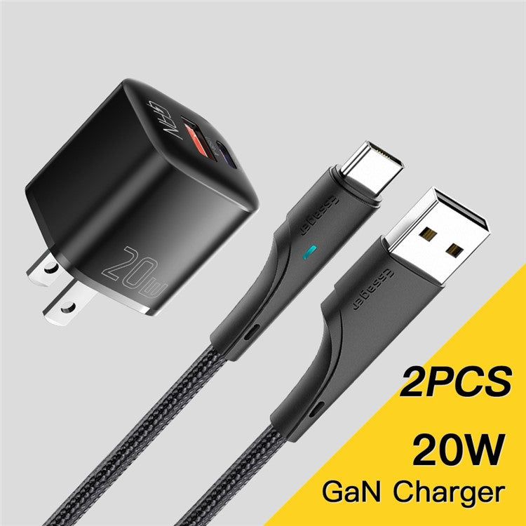 ESSAGER Curved Design 20W USB-A + Type-C GaN Wall Charger Phone Fast Charging Adapter - US Plug / Black