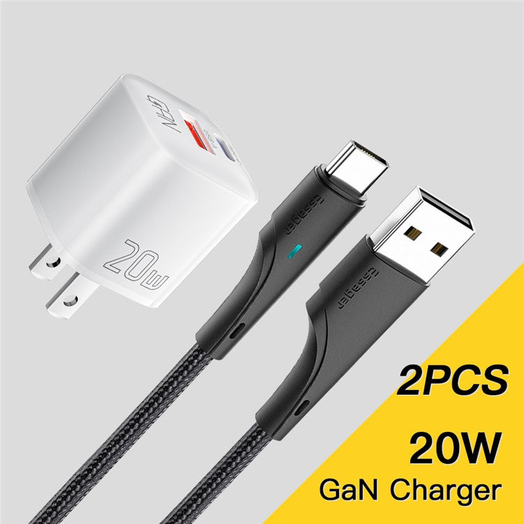 ESSAGER Curved Design 20W USB-A + Type-C GaN Wall Charger Phone Fast Charging Adapter - US Plug / White