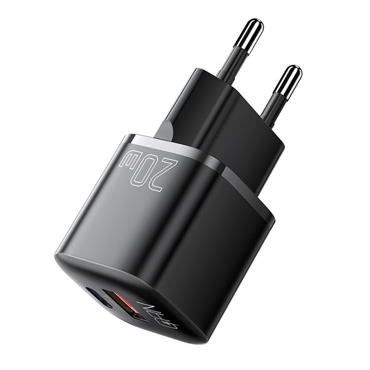 ESSAGER Curved Design 20W USB-A + Type-C GaN Wall Charger Phone Fast Charging Adapter - EU Plug / Black