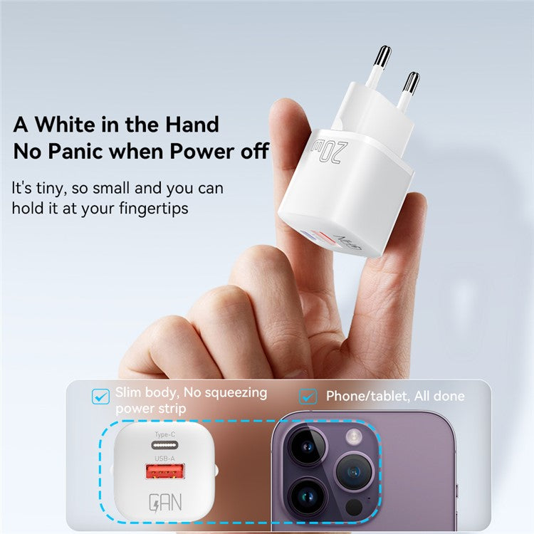 ESSAGER Curved Design 20W USB-A + Type-C GaN Wall Charger Phone Fast Charging Adapter - EU Plug / White