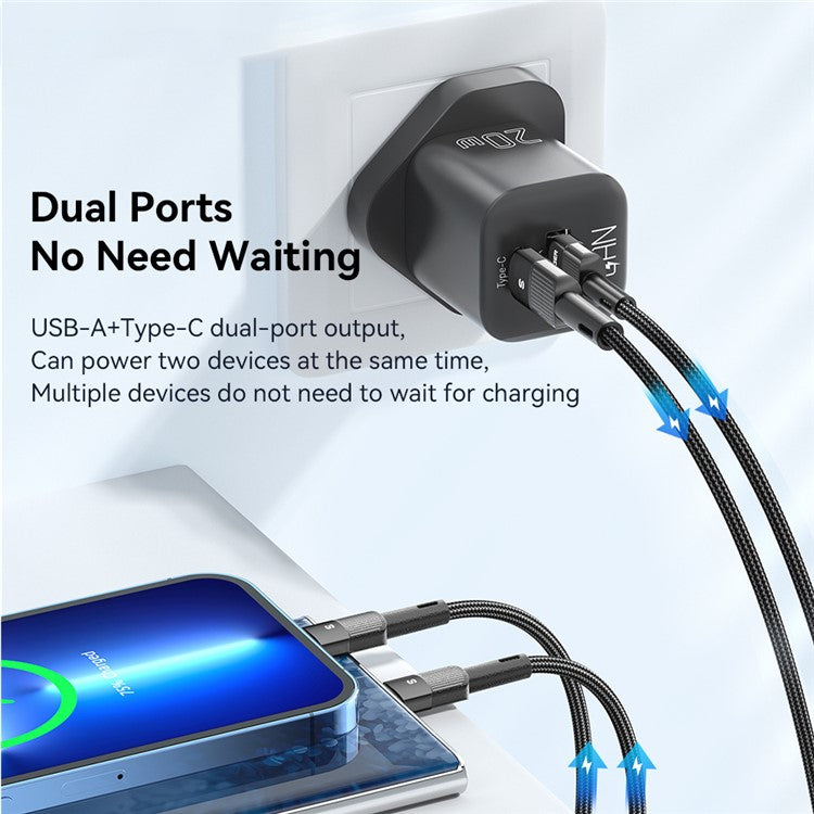 ESSAGER Curved Design 20W USB-A + Type-C GaN Wall Charger Phone Fast Charging Adapter - UK Plug / Black