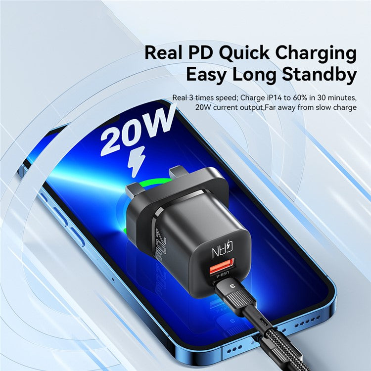 ESSAGER Curved Design 20W USB-A + Type-C GaN Wall Charger Phone Fast Charging Adapter - UK Plug / Black