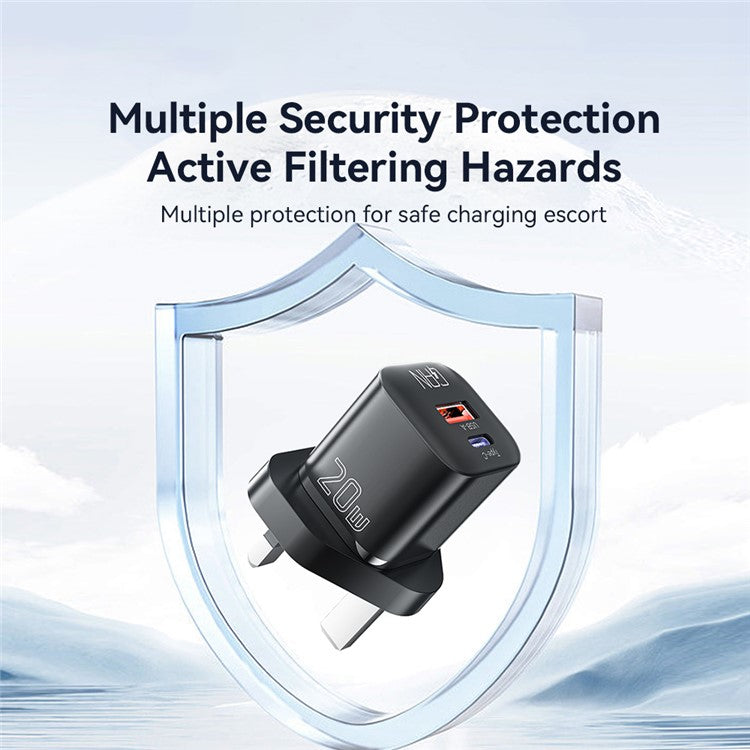 ESSAGER Curved Design 20W USB-A + Type-C GaN Wall Charger Phone Fast Charging Adapter - UK Plug / Black