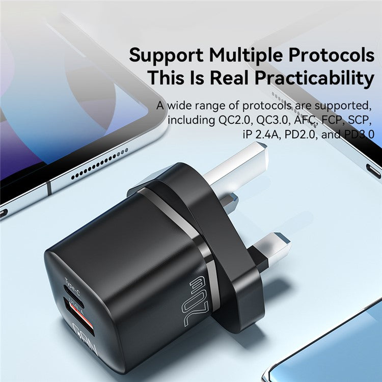 ESSAGER Curved Design 20W USB-A + Type-C GaN Wall Charger Phone Fast Charging Adapter - UK Plug / White