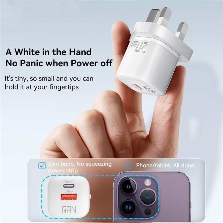 ESSAGER Curved Design 20W USB-A + Type-C GaN Wall Charger Phone Fast Charging Adapter - UK Plug / White