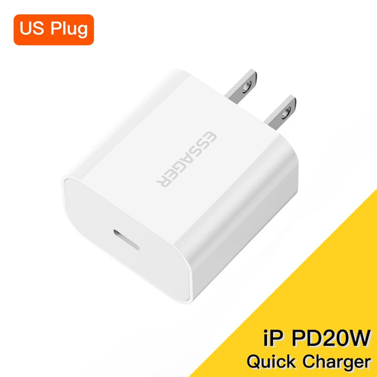 ESSAGER PD 20W Quick Charger Set with Type-C to Lightning Cable, Portable Wall Charger Adapter Block - US Plug