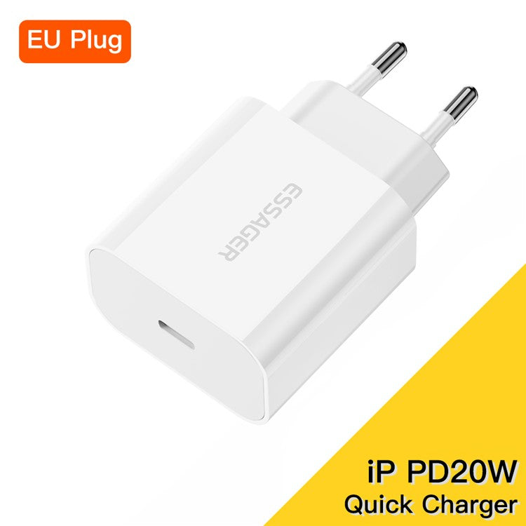 ESSAGER PD 20W Quick Charger Set with Type-C to Lightning Cable, Portable Wall Charger Adapter Block - EU Plug