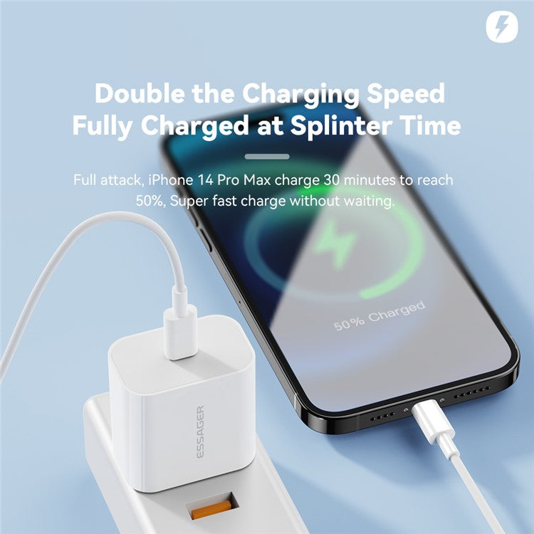 ESSAGER PD 20W Quick Charger Set with Type-C to Lightning Cable, Portable Wall Charger Adapter Block - EU Plug