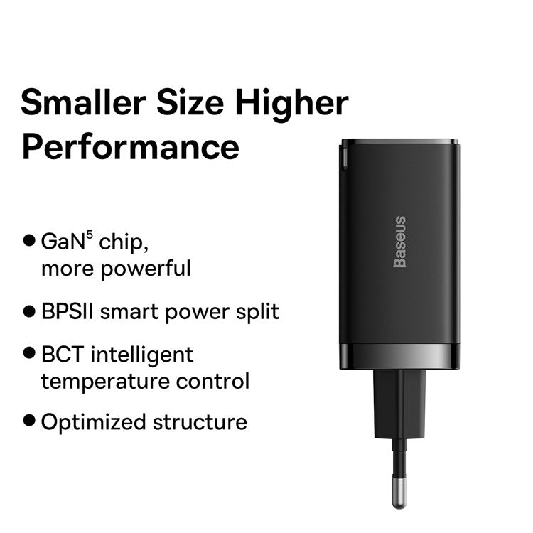 BASEUS GaN5 Pro Wall Charger 2 Type-C + 1 USB 65W Fast Charging Travel GaN Charger EU Plug Adapter - Black