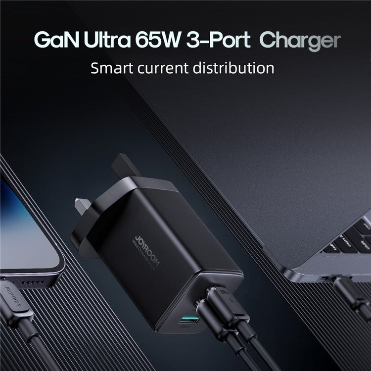 JOYROOM TCG01 65W GaN Ultra Fast Charger for iPhone 16-15 Series 2USB-C+1USB-A Wall Charger Kit with 100W 1.2m Type-C to Type-C Cable, Black (UK Plug)