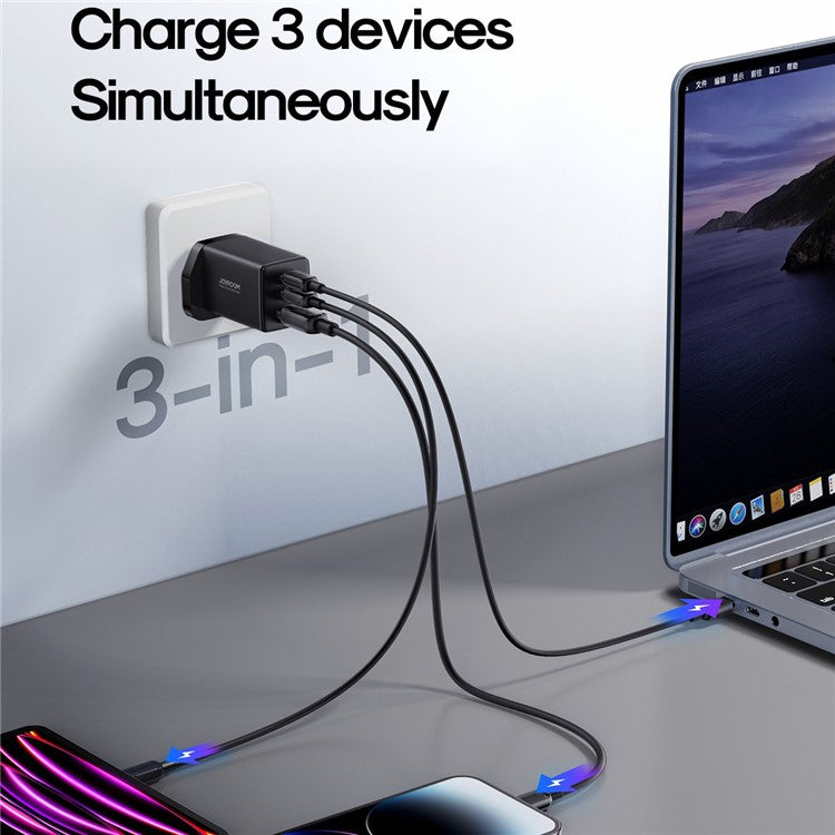 JOYROOM TCG01 65W GaN Ultra Fast Charger for iPhone 16-15 Series 2USB-C+1USB-A Wall Charger Kit with 100W 1.2m Type-C to Type-C Cable, Black (UK Plug)