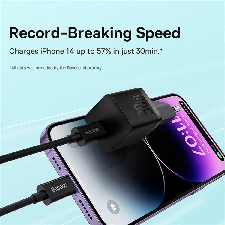 BASEUS GaN5 Mini Fast Charger Type-C 30W Portable Wall Charger Adapter for iPhone, iPad, AirPods (EU Plug) - Black