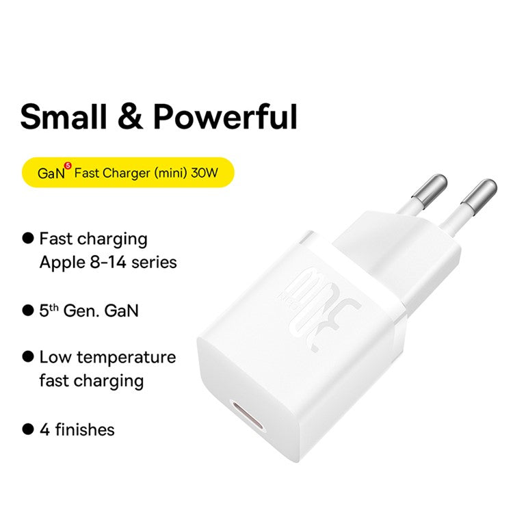 BASEUS GaN5 Mini Fast Charger Type-C 30W Portable Wall Charger Adapter for iPhone, iPad, AirPods (EU Plug) - White