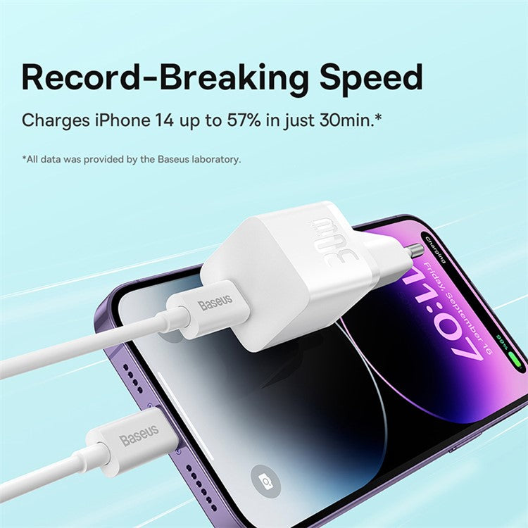 BASEUS GaN5 Mini Fast Charger Type-C 30W Portable Wall Charger Adapter for iPhone, iPad, AirPods (EU Plug) - White