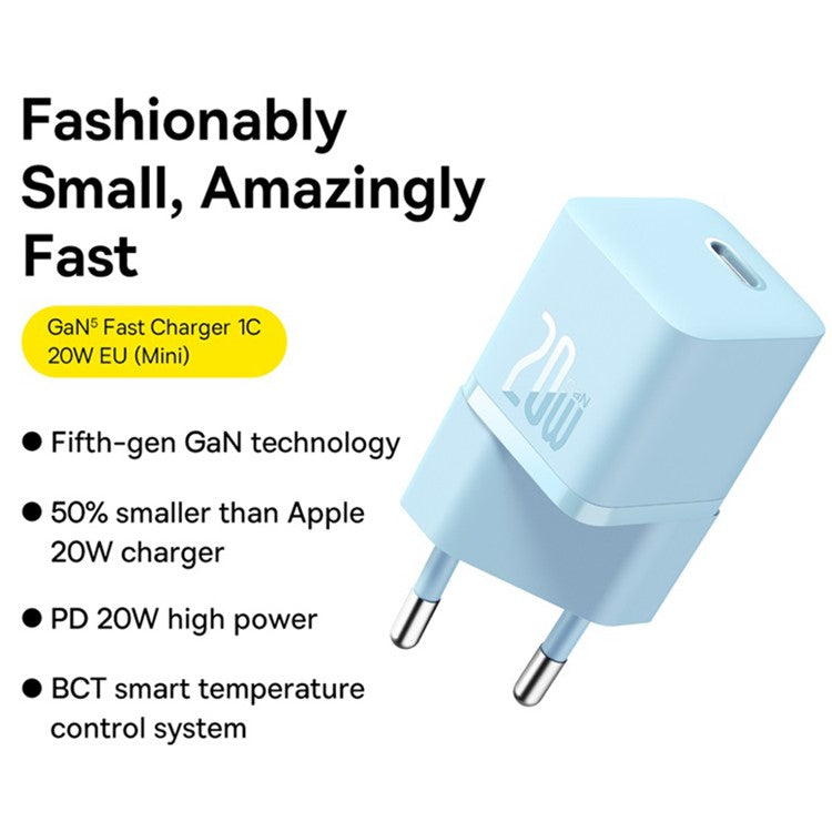 BASEUS 20W GaN5 Fast Charger Portable Type-C Port Wall Charging Adapter (Mini), EU Plug - Blue