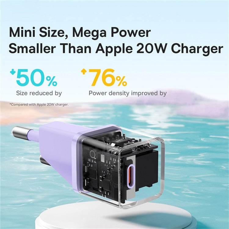 BASEUS 20W GaN5 Fast Charger Portable Type-C Port Wall Charging Adapter (Mini), EU Plug - Purple