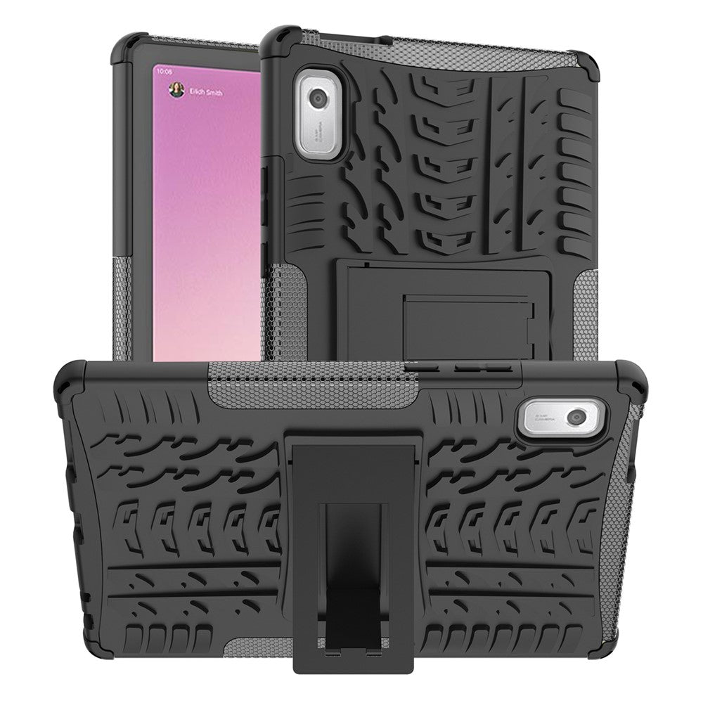 For Lenovo Tab M9 Tyre Pattern Kickstand Case PC+TPU Shockproof Tablet Cover - Black